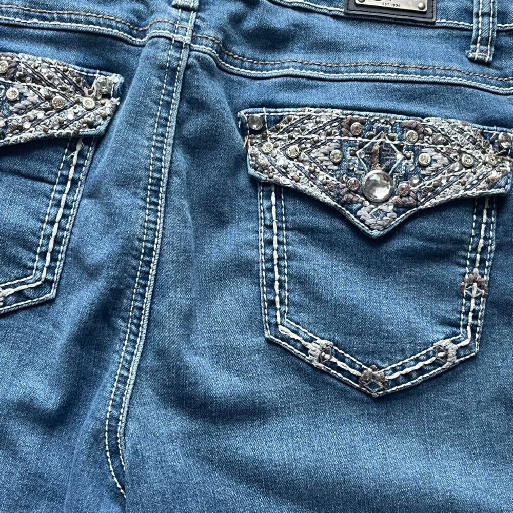 Y2K Babydoll Blue Denim Bootcut Wide Leg Earl Jeans Size 12 Rhinestone Coquette - Picture 6 of 8
